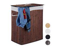 Relaxdays 10024382_93 Corbeille bambou panier à linge 2 compartiments coffre pliable couvercle 100 litres, marron, 63 x 52 x 33 cm