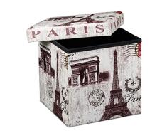 Relaxdays 10019050 Tabouret pliant coffre de rangement pliable banc de stockage avec couvercle amovible 38 x 38 x 38 cm pouf en similicuir repose-pieds table appoint motifs tendances Paris,Multicolore