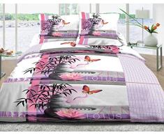 Housse de Couette 240x260 + 2 taies Pur Coton 57 Fils Zen Lotus Rose