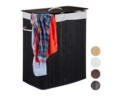 Relaxdays 10024382_46 Corbeille bambou panier Ã linge 2 compartiments coffre pliable couvercle 100 litres, noir, 63 x 52 x 33 cm