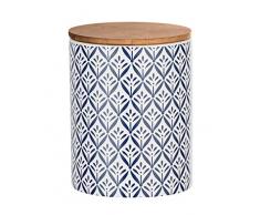 WENKO 54095100 Boîte de Rangement Lorca avec Couvercle en Bambou, Capacité : 0,95 L, Céramique, 11 x 14,5 x 11 cm, Bleu/ Blanc