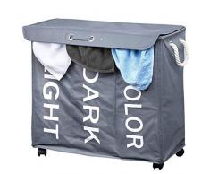 BAKAJI Panier Ã Linge Sale Ã 3 Compartiments en Tissu avec Roues et poignÃ©es, Gris, 63 x 35 x 57 cm, Multicolore, Unique