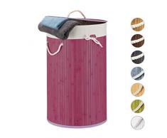 Relaxdays Panier Bambou, Corbeille Pliante Couvercle, Volume 70 L, Sac à Linge Coton, Rond, à 41 cm, Violet