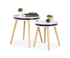 Relaxdays 10024774 Basse dappoint Lot de 2, Nuit Ronde, Table de Chevet, Pieds en Bois, 40 & 48cm Ã, Blanc/Nature, MDF