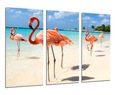 Tableau Moderne Photographique, Impression sur bois, Flamants de paysage sur la plage, 97 x 62 cm, ref. 26424