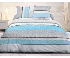 Le linge de Jules Parure Drap Plat + Drap-Housse 140x190 + 2 T - Pur Coton 57 Fils - Leon Bleu