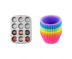 Wilton 03-3118 Moule Ã cupcakes/muffins en acier antiadhÃ©sif 12 trous & AmazonBasics Lot de 12 moules de cuisson rÃ©utilisables en silicone