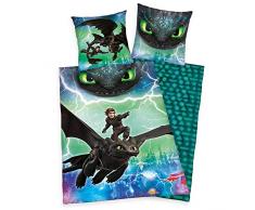 Herding DREAMWORKS DRAGONS Parure de Lit Réversible, Housse de Couette 135 x 200 cm, Taie dOreiller 80 x 80 cm, Coton/Renforcé