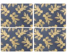 Sara Miller for Portmeirion Lot de 4 Sets de Table Motif Feuilles gravées, Céramique, Bleu Marine, 31 x 40 x 2.4 cm