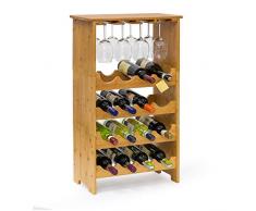 Relaxdays 10013871 Casier à bouteilles de vin Ãtagère à vin en bambou H x l x P : 84 x 50 x 24 cm range-bouteilles horizontal pour 16 bouteilles porte-bouteilles en bois avec porte-verres pour 12 verres, nature