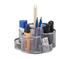 Relaxdays Organiseur de bureau porte-stylos notes cartes de visite fournitures maille 7 compartiments pivotant, argent