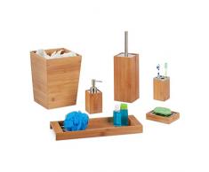 Relaxdays Set salle de bain, 6 pcs, bambou, distributeur, porte-savon, balai WC, porte brosses dents, support, poubelle