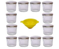Viva Haushaltswaren G1300240/12T/silber/X Lot de 12 bocaux de Confiture à facettes avec couvercles argentés 240 ML Entonnoir Jaune Inclus