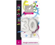 Le Chat 1196330 Bougie NOMBRE anniversaire blanc pailleté avec tour argent- 30 ans
