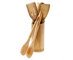 Relaxdays Ensemble dustensiles de Cuisine avec Support 6 PiÃ¨ces en bambou 30 cm spatule fourchette cuillÃ¨re pince Ã salade, nature