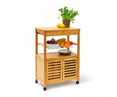 Relaxdays Desserte de cuisine en bambou JAMES XL Rangement avec portes & panier en acier chromé HxlxP : 80 x 60 x 35 cm Plateau de travail Table dappoint, nature