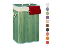 Relaxdays 10019053_45 Panier Bambou, Corbeille Linge Pliante, 83L, Sac intérieur Coton, 65,5 x 43,5 x 33,5 cm, Bleu