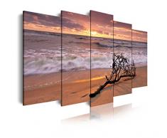 Dekoarte 144 - Tableau moderne sur toile monté sur cadre en bois 5 pièces, nature plage avec branche en bord de mer, 150x80cm