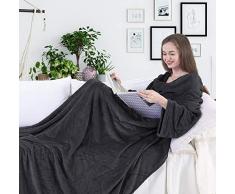 DecoKing 150 x 180 cm Couverture TV en Microfibre - Couverture Douillette avec Manches et Poches, Couverture Polaire Microfibre, Douce, avec Poche pour Les Pieds, Microfibre, Graphite, 150 x 180 cm