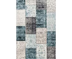 LIFA LIVING Tapis Vintage Patchwork, Tapis à Carreaux, Tapis de Salon Moderne, Disponible en différentes Couleurs et Tailles (Gris foncé & Bleu, 133 x 200)
