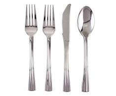 Assortiment DE Couverts JETABLES| Assortiment de 96 pcs | 48 fourchettes, 24 Couteaux et 24 cuillÃ¨res | pour Mariages et dÃ®ners de Haut Standing (Argent)