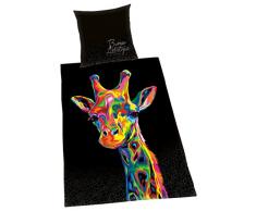 Herding BUREAU ARTISTIQUE Parure de Lit Girafe, RÃ©versible, Housse de Couette 135 x 200 cm, Taie dOreiller 80 x 80 cm, Coton/Satin