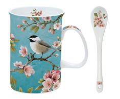 Easy Life 314BLOS Blossom COFFRET 2 MUGS 30CL EN BONE CHINA AVEC 2 CUILLERES, Multicouleur