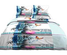 Housse de Couette 220x240 + 2 taies Pur Coton 57 Fils Zen Lotus Bleu