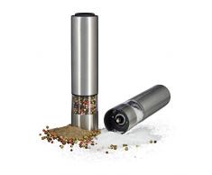 Relaxdays 10020598 Moulin à poivre électrique à piles lot de 2 salière automatique avec lumière épices pression pouce inox broyeur céramique, argenté