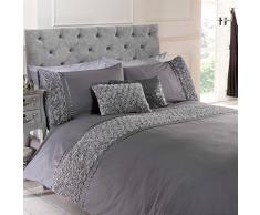 Just Contempo Parure de lit rétro avec housse de couette et taies doreiller à fronces et motif fleuri, Mélange de coton, gris, Double