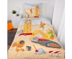 Herding YOUNG COLLECTION Parure de Lit Chantier de Construction, Taie dOreiller 70x90cm, Housse de Couette 140x200cm, Renforcé, avec Fermeture Ãclair de Qualité