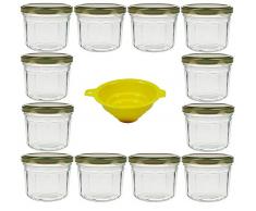Viva Haushaltswaren G1300240/X Lot de 12 Pots de Confiture Ã facettes avec Couvercle dorÃ© 240 ML + Entonnoir Jaune