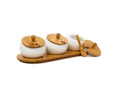 Relaxdays 3 Pots dÃ©pices JIAO en cÃ©ramique MÃ©nagÃ¨re Couvercle et plateau en bambou Accessoire table Ã manger avec cuillÃ¨res en bambou style asiatique, couleur naturelle, Bois(Marron)
