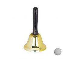 Relaxdays Clochette de table en fer, avec manche en bois, son puissant, dorée, pour école, réception, décoration de Noël, 12 cm