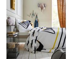 Catimini Parure de lit Enfant garÃ§on Graphic City 140 x200 cm, Blanc, Noir et Jaune, 140 x 200 cm + 65 x 65 cm