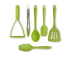 Zeal JSET47L Lot de 6 pinces anti-adhÃ©sives en silicone avec spatule, spatule, cuillÃ¨re de cuisine, spatule et presse-purÃ©e Vert citron