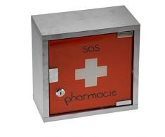 Incidence 44930 Armoire à pharmacie murale SOS pharmacie Croix blanche Rouge et gris chrome Métal et verre Fermeture magnétique et clé H25 x 25 x 12 cm