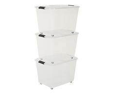 Iris Ohyama, set - 3 boîtes de rangement sur roulettes avec couvercle pliable - Top Box Roller - TBRH-60, plastique, transparent, 60 L, 57,5 x 39 x 38,5 cm