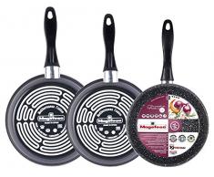 Magefesa K2 Gransasso Lot de 3 poêles 24 Ø 26 Ø 28Ø, fabriquées en acier vitrifié. Antiadhésif bicouche renforcée effet pierre, couleur gris mouché. Valable pour tous types de feux émaillés.