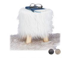 Relaxdays 10025735_49 Tabouret fausse fourrure poils pouf 4 pieds bois, blanc, 31 x 31 cm