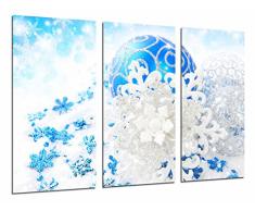 Tableau Moderne Photographique, Impression sur bois, Boule darbre de NoÃ«l bleu et blanc avec des paillettes, 97 x 62 cm, ref. 26948