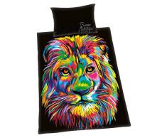 Herding BUREAU ARTISTIQUE Parure de Lit Lion RÃ©versible, Housse de Couette 160 x 210 cm, Taie dOreiller 65 x 100 cm, Coton/Satin