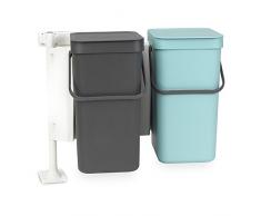 Brabantia Sort & Go Poubelle encastrable, Plastique, Gris / Vert Menthe , 16 litres, Paquet de 2