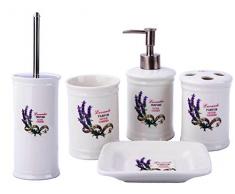GMMH Maison de Campagne Vintage badset Lavande Salle de Bain Set daccessoires Distributeur de Savon Brosse WC Céramique (Lot de 5)