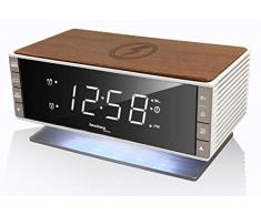 Technoline WT487 Moderne rÃ©veil Radio WT 487 Compatible avec Portable avec Une Aptitude Qi â avec Une Fonction inductive de rechargement sans File, Brun-Blanc-Argent, 16, 5 x 8, 0 x 9, 3 cm