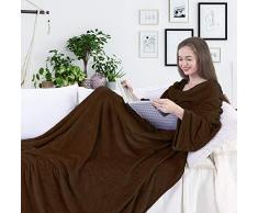 DecoKing 150 x 180 cm Couverture TV en Microfibre - Couverture Douillette avec Manches et Poches, Couverture Polaire Microfibre, Douce, avec Poche pour Les Pieds, Microfibre, Marron, 150 x 180 cm