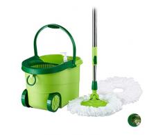 Relaxdays 10024675_884 Balai Power Mop Mobil Seau Essoreur Plastique Manche Télescopique Tête Serpillère 360° 27x47x27, Vert/Argent, Standard