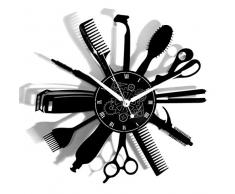 Horloge murale en vinyle vintage Salon de Coiffure fait à la main moderne Design Barbe Beauté Homme Femme Coiffeur