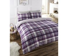Angus Flanelle Lit Double Housse de Couette et 2 Taie doreiller Parure de lit, Motif Tartan à Carreaux â Violet/Blanc/Prune