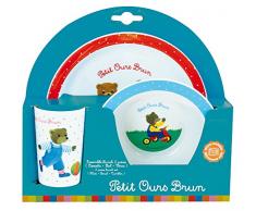 FUN HOUSE 005444 Petit Ours Brun Ensemble Repas Contenant 1 Assiette, 1 Bol et 1 Verre pour Enfant, PolypropylÃ¨ne, Blanc, 26,5 x 8,5 x 24,5 cm